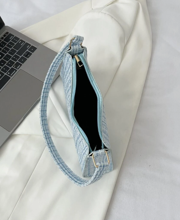 Elegant Skuldertaske i Lyseblå Tweed
