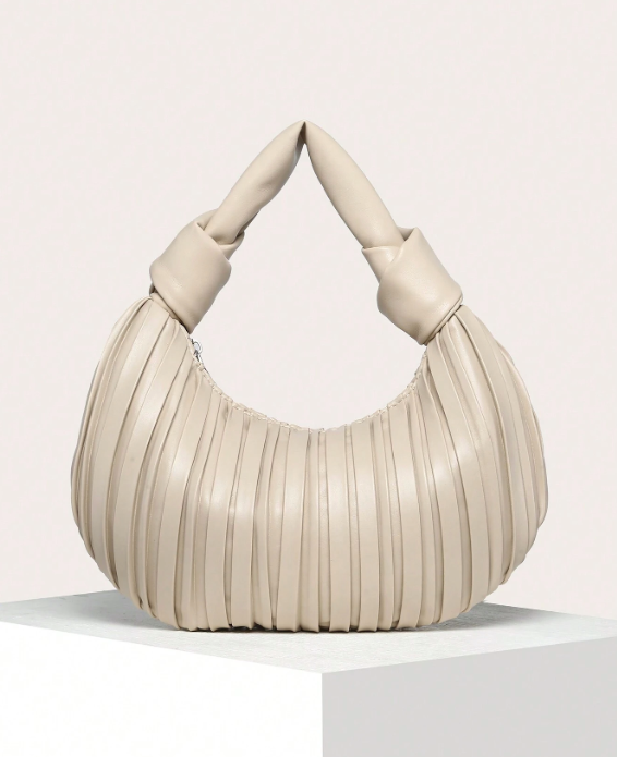 Luksuriøs Beige Pleated Håndtaske med Knudret Håndtag