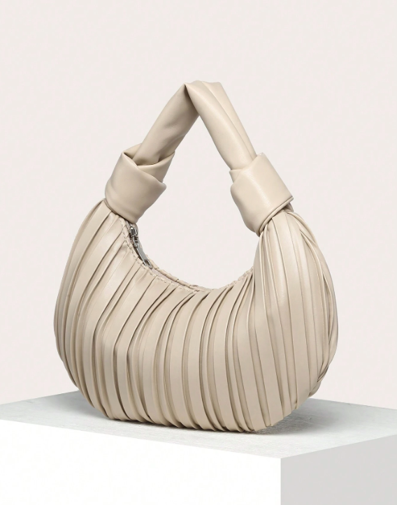 Luksuriøs Beige Pleated Håndtaske med Knudret Håndtag