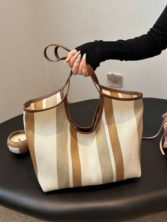Stribet Shopper Taske med Rummelig Opbevaring
