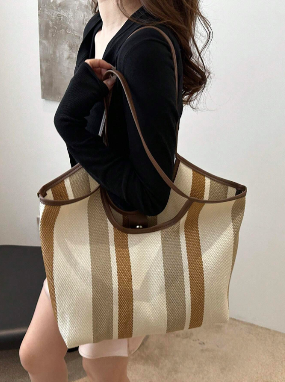 Stribet Shopper Taske med Rummelig Opbevaring