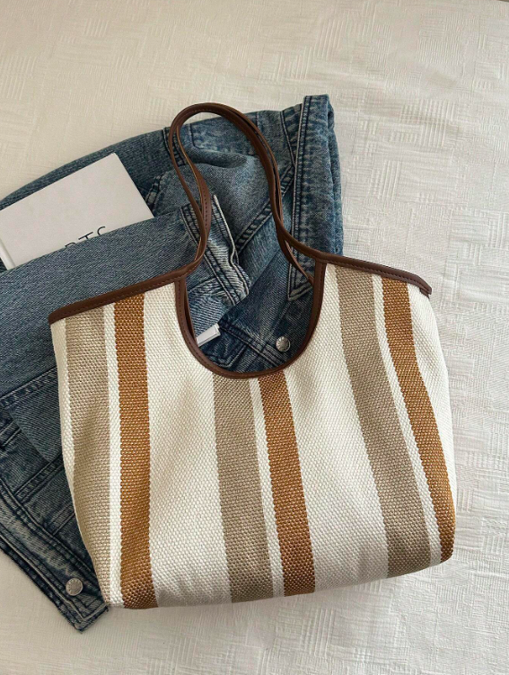 Stribet Shopper Taske med Rummelig Opbevaring