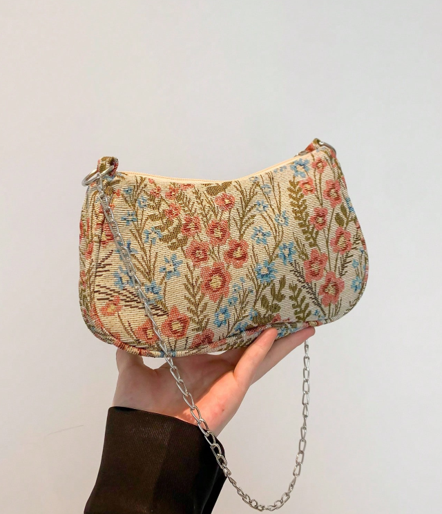 Vintage-Inspireret Blomstret Skuldertaske med Kæderem