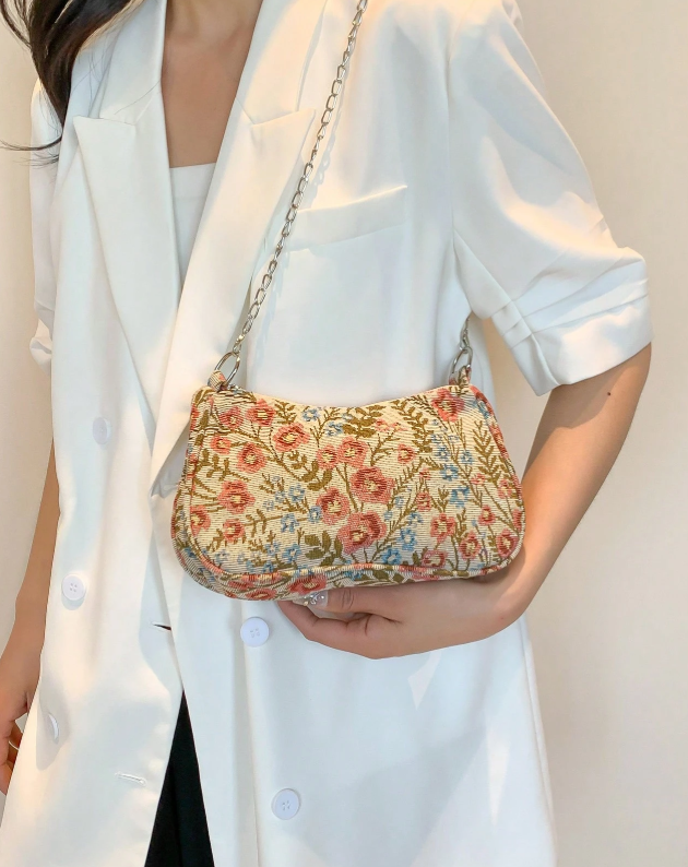 Vintage-Inspireret Blomstret Skuldertaske med Kæderem