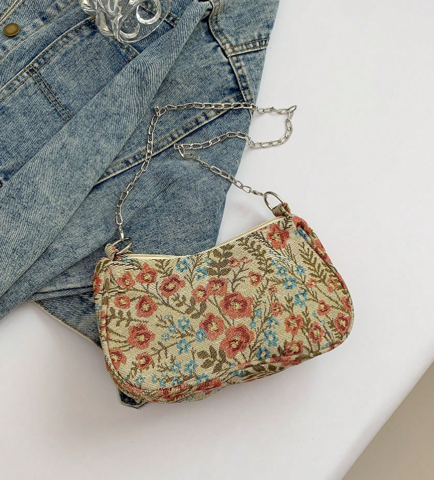 Vintage-Inspireret Blomstret Skuldertaske med Kæderem