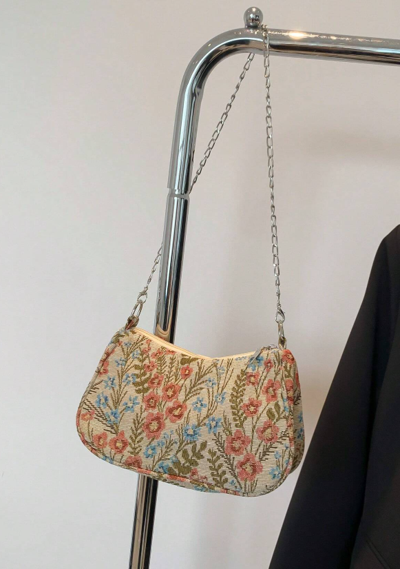 Vintage-Inspireret Blomstret Skuldertaske med Kæderem