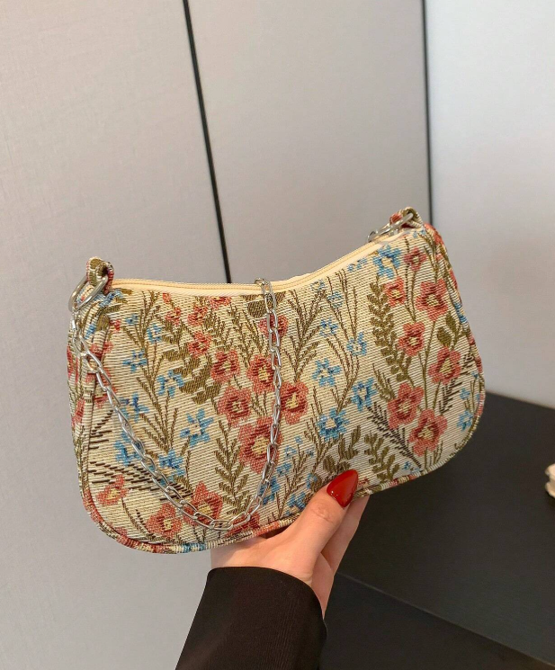 Vintage-Inspireret Blomstret Skuldertaske med Kæderem